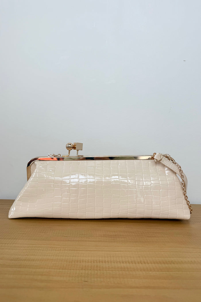 cream croc texture clutch bag with gold detachable straps