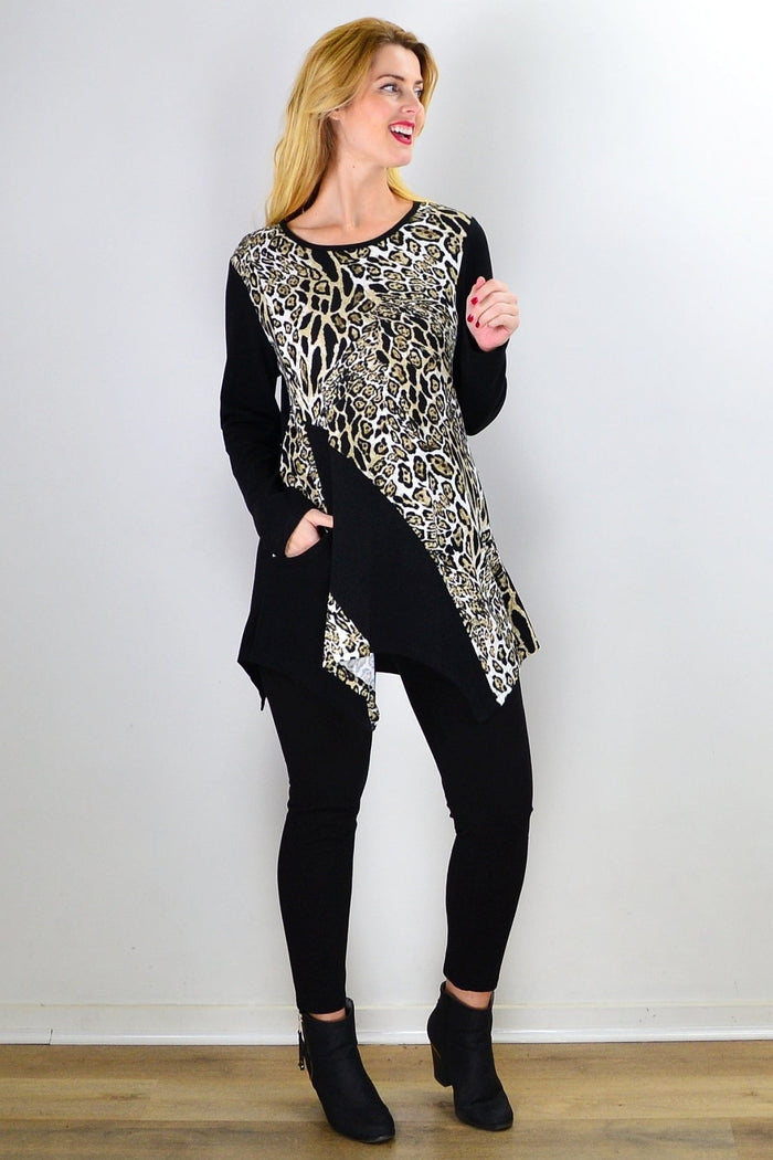 Caroline Morgan animal print tunic top with asymmetrical hem, stylish and flowy, perfect for casual or chic outfits.