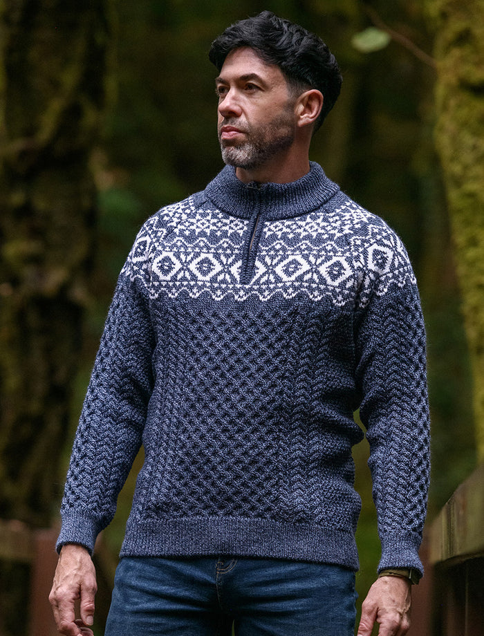Aran Half-Zip Jacquard Sweater - Denim Marl #color_denim-marl
