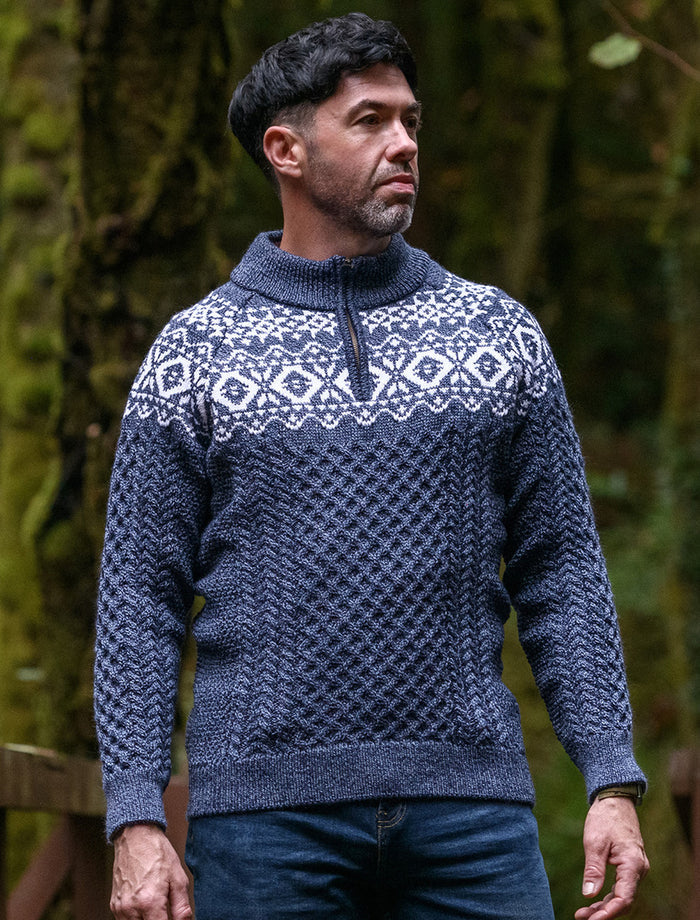 Aran Half-Zip Jacquard Sweater - Denim Marl #color_denim-marl