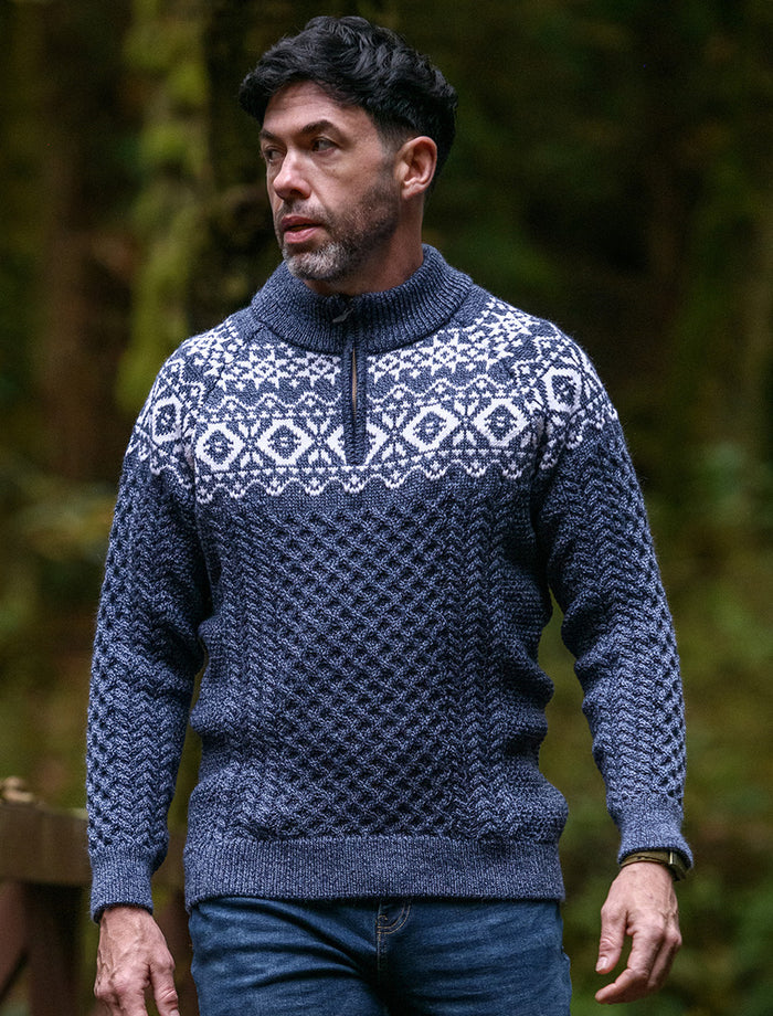 Aran Half-Zip Jacquard Sweater - Denim Marl #color_denim-marl