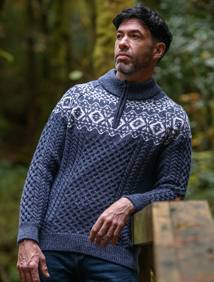 Aran Half-Zip Jacquard Sweater - Denim Marl #color_denim-marl