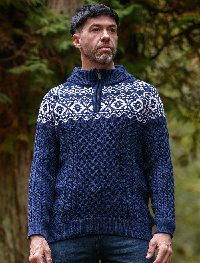 Aran Half-Zip Jacquard Sweater - Deep Water Blue #color_deep-water-blue