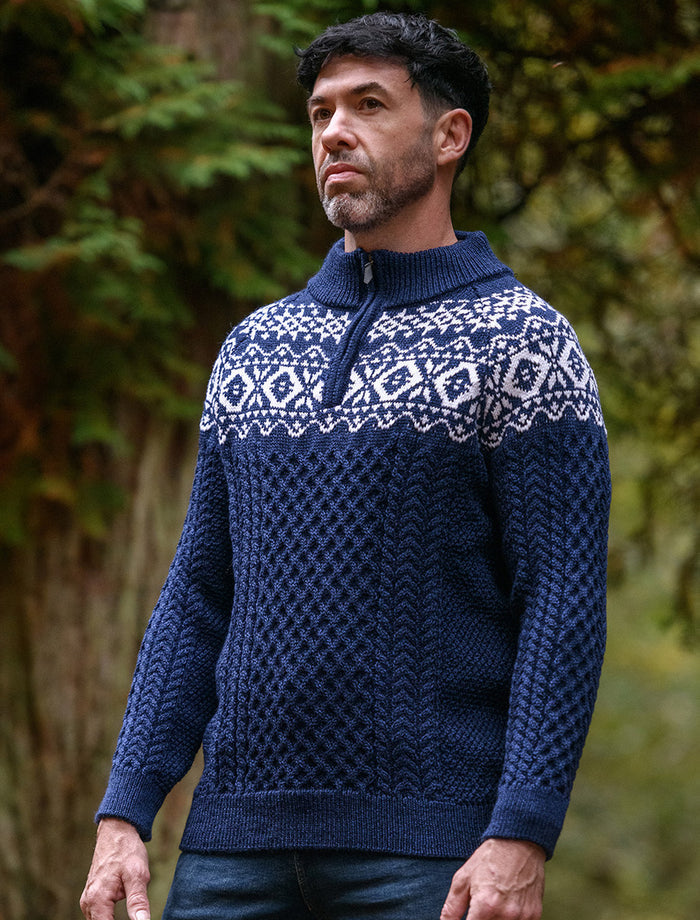Aran Half-Zip Jacquard Sweater - Deep Water Blue #color_deep-water-blue