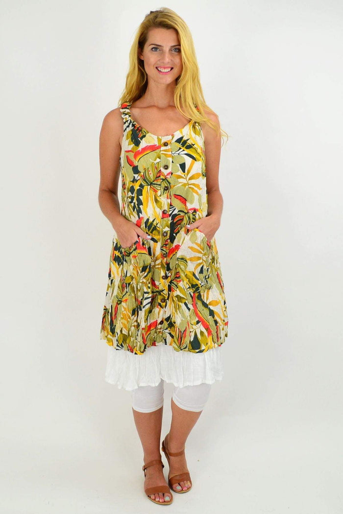Tropical-print Missy Q Autumn Leaf Crinkle Tunic Dress with long sleeves and relaxed fit, perfect for casual wear.