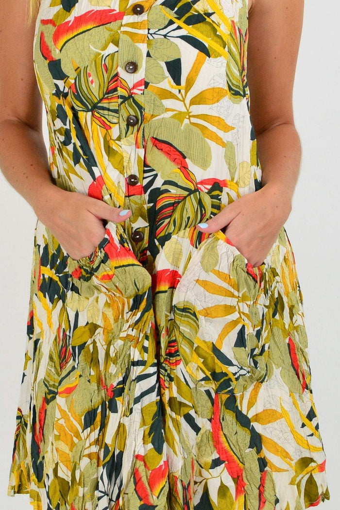 Missy Q autumn leaf crinkle tunic dress with long sleeves and flowing fit, featuring a leafy pattern on lightweight fabric.