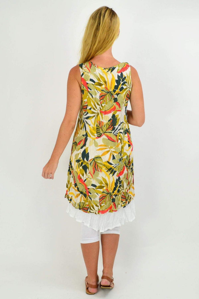 Tropical-print Missy Q Autumn Leaf Crinkle Tunic Dress with long sleeves and vibrant leaf pattern on lightweight fabric