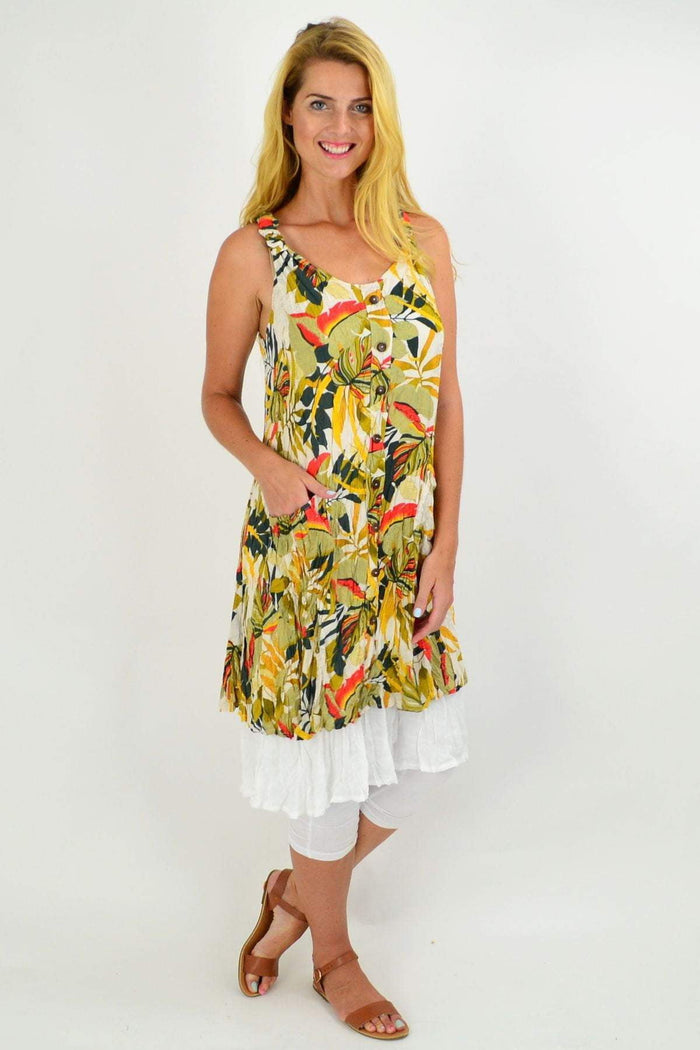 Missy Q Autumn Leaf Crinkle Tunic Dress with tropical leaf print, lightweight fabric, and relaxed fit for casual style.