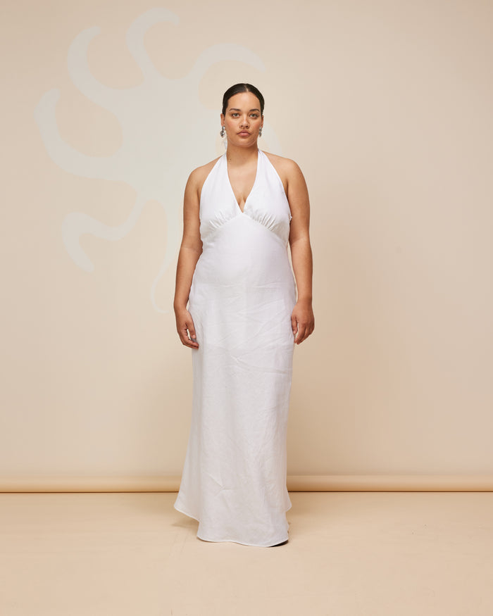 AVA LINEN HALTER DRESS WHITE