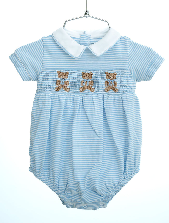 blue smocked gingham bear outfit for little boy or girl