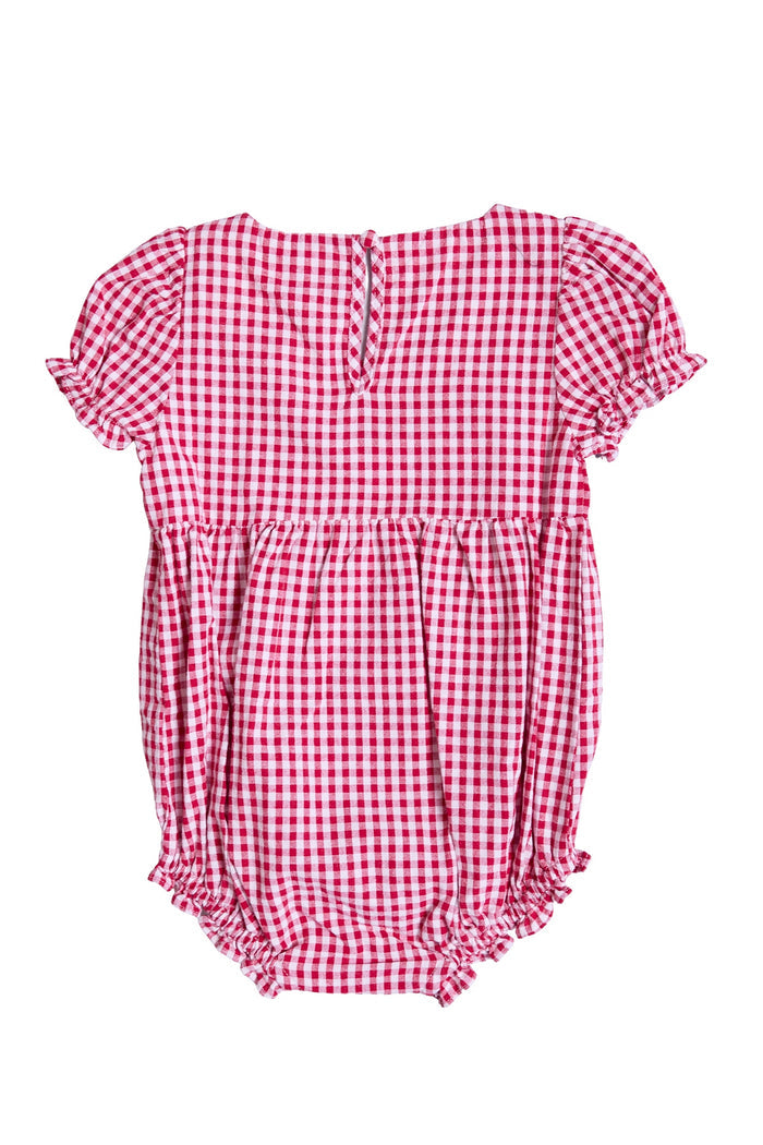 The Baby Jessie Romper in Red Gingham by Ivy City Co features short puff sleeves, ruffled edges, and a gathered waist—ideal for the Fourth of July. Shown flat on a white background.