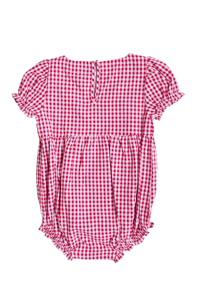 Dress your little one for the Fourth of July in the Ivy City Co Baby Jessie Romper in Red Gingham—a charming red and white gingham-patterned baby romper featuring short puffed sleeves, a gathered waist, ruffled leg openings, and a back neckline button, all displayed on a white background.