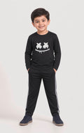 Baby Kids Premium Black Printed Full Sleeve Shirt & Black Striped Trouser Set