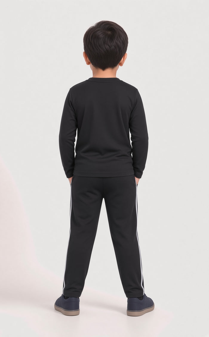 Baby Kids Premium Black Printed Full Sleeve Shirt & Black Striped Trouser Set