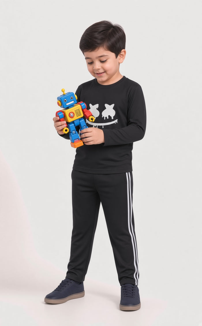 Baby Kids Premium Black Printed Full Sleeve Shirt & Black Striped Trouser Set