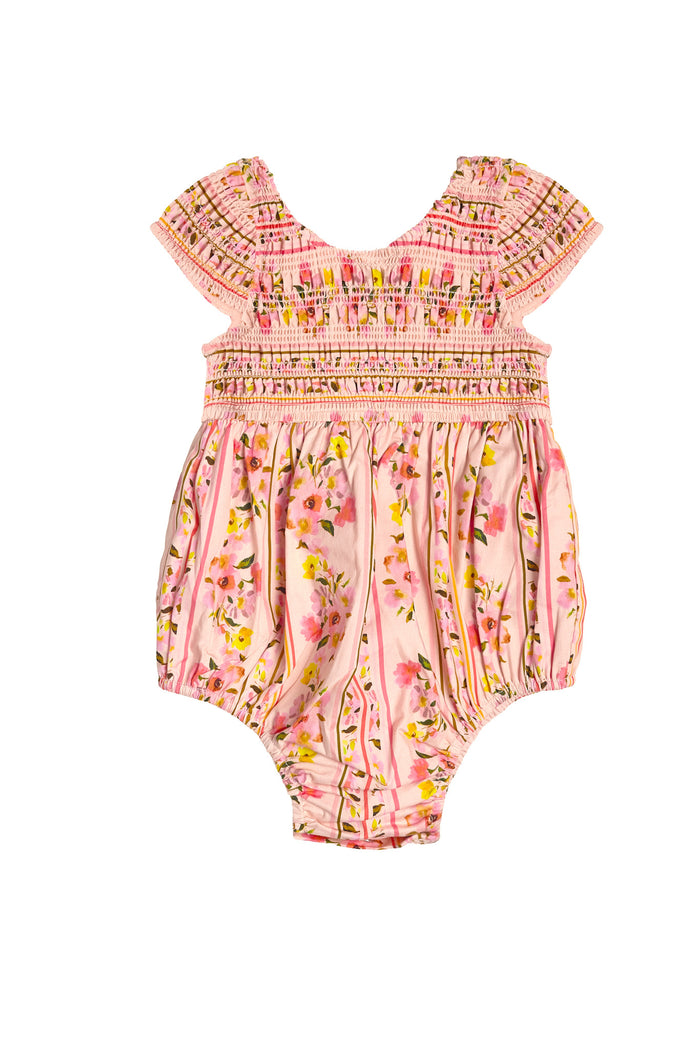 The Ivy City Co Baby Marlow Romper in Peach Handpainted Flora Stripe features short sleeves, a smocked top, gathered fabric, elastic leg openings, and yellow-pink floral stripes—perfect for matching mommy and me outfits.