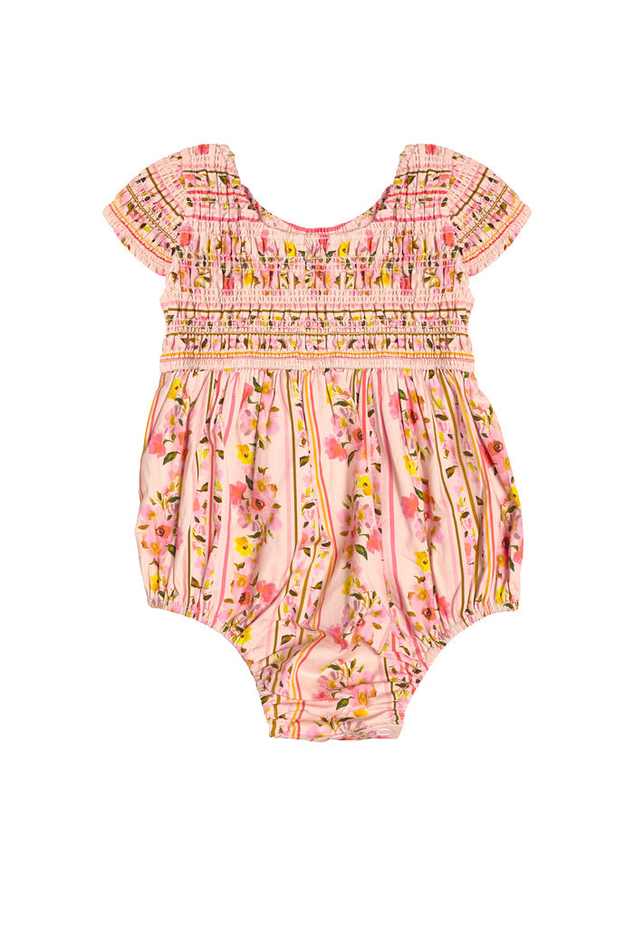 The Ivy City Co Baby Marlow Romper in Peach Handpainted Flora Stripe features a pink, short-sleeve design with a smocked chest and pretty floral stripes—perfect for adorable mommy and me matching moments.