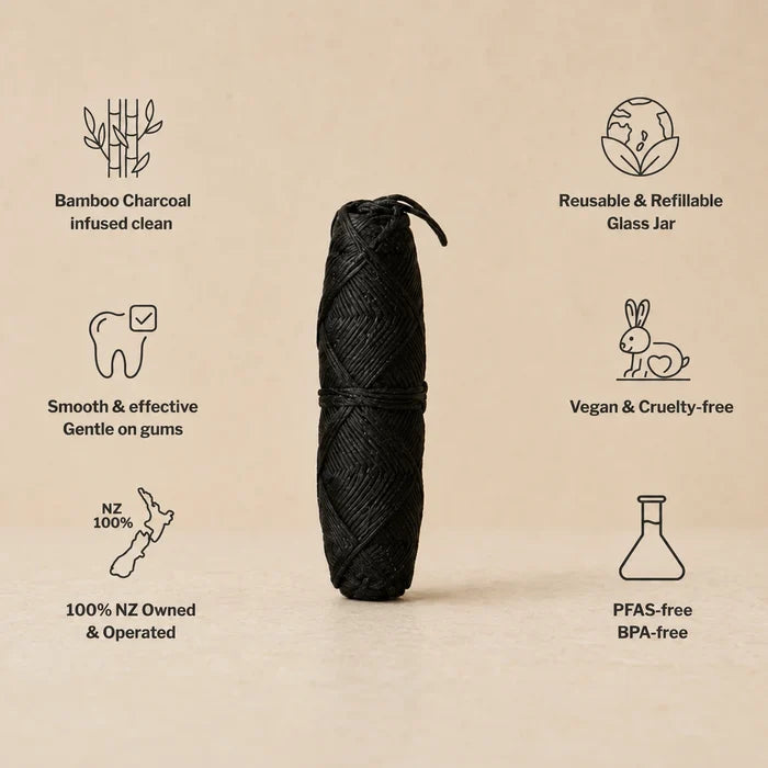 Benefits of Crescent Nest bamboo charcoal dental floss and reusable glass jar