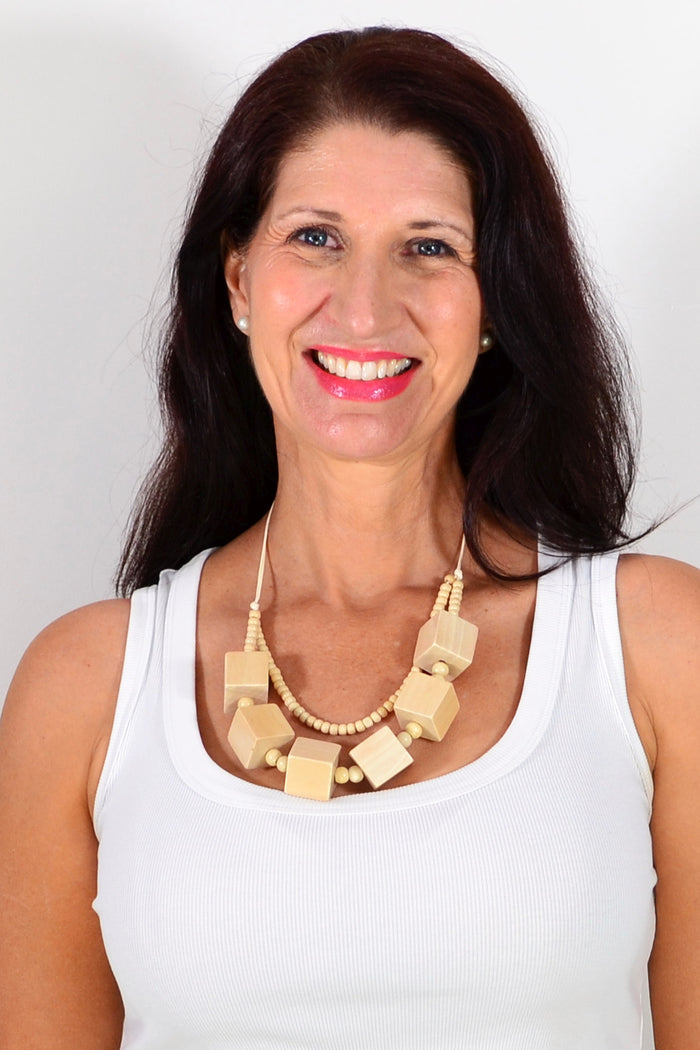 Beige square blocks necklace from I Love Tunics featuring a modern geometric design and adjustable chain.