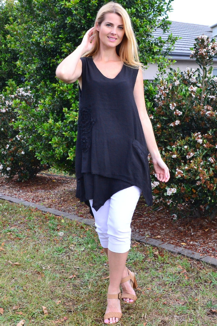 Black sleeveless tunic top with appliqué detailing from La Mode, perfect for summer casual wear.