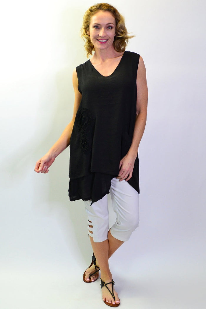 Black cotton sleeveless tunic top by La Mode with applique details, ideal for summer wear.