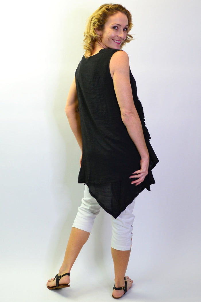 Black applique sleeveless tunic top from La Mode with a flowy, relaxed fit and stylish design, shown on a plain background.