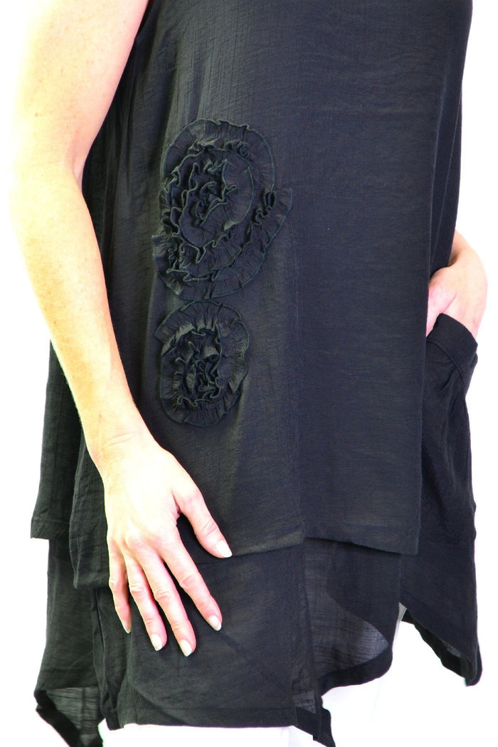 Black applique sleeveless tunic top by La Mode featuring a stylish design, perfect for casual or dressy occasions.