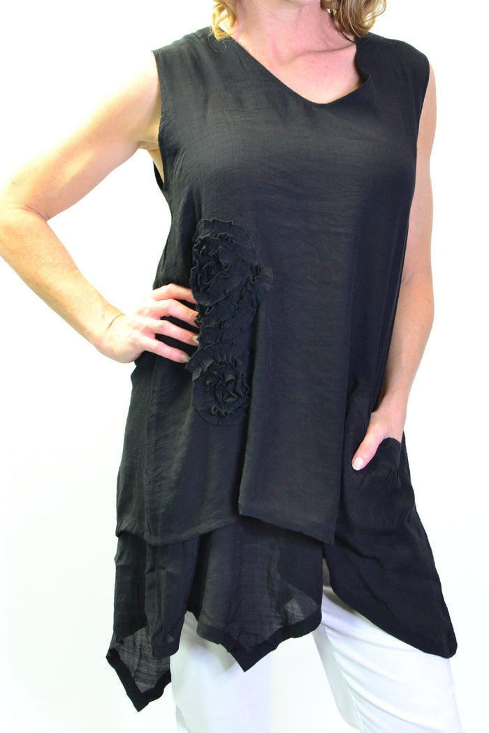 Black sleeveless cotton tunic top by La Mode with applique details, perfect for summer casual wear.