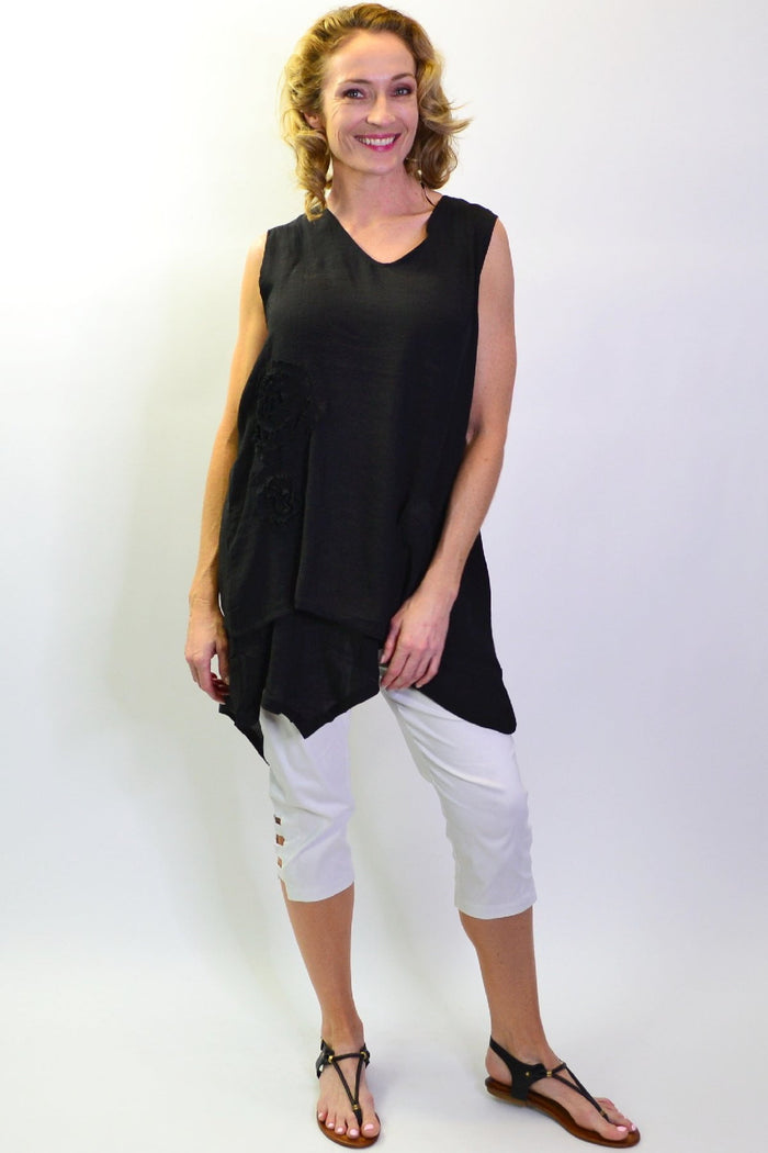Black sleeveless cotton tunic top by La Mode featuring an applique design, perfect for summer casual wear.
