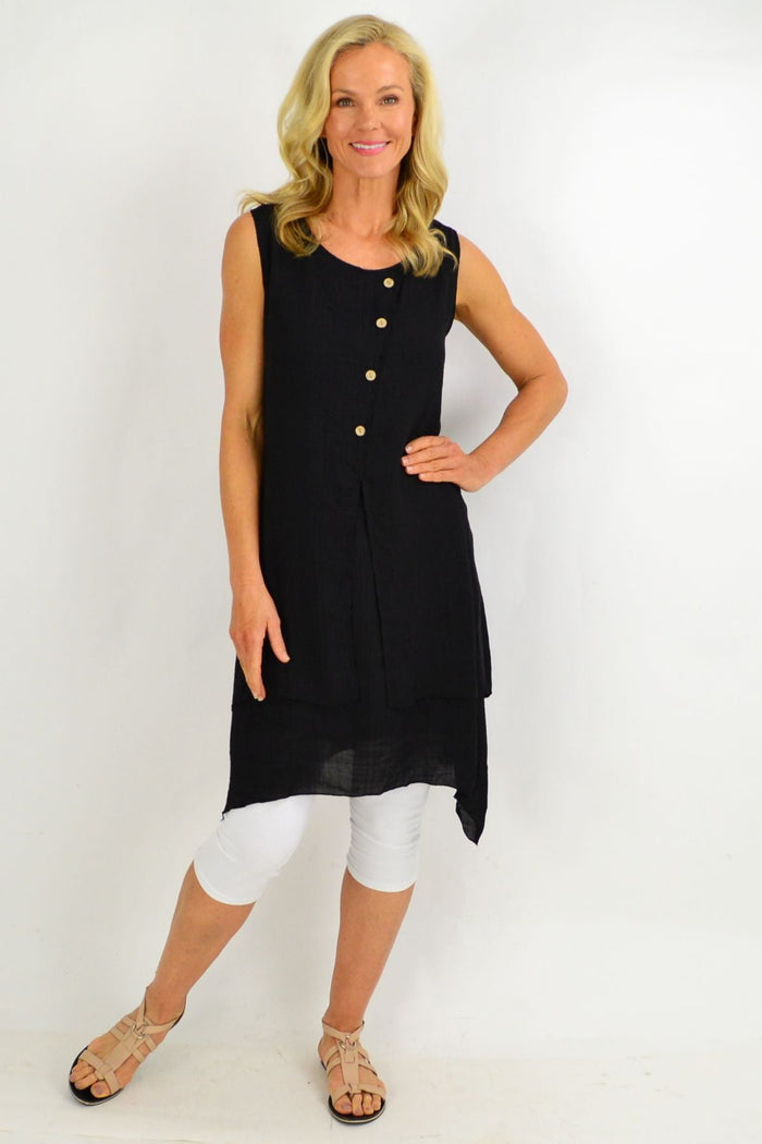 Black sleeveless cotton tunic dress by La Mode featuring button overlay design, perfect for summer wear.