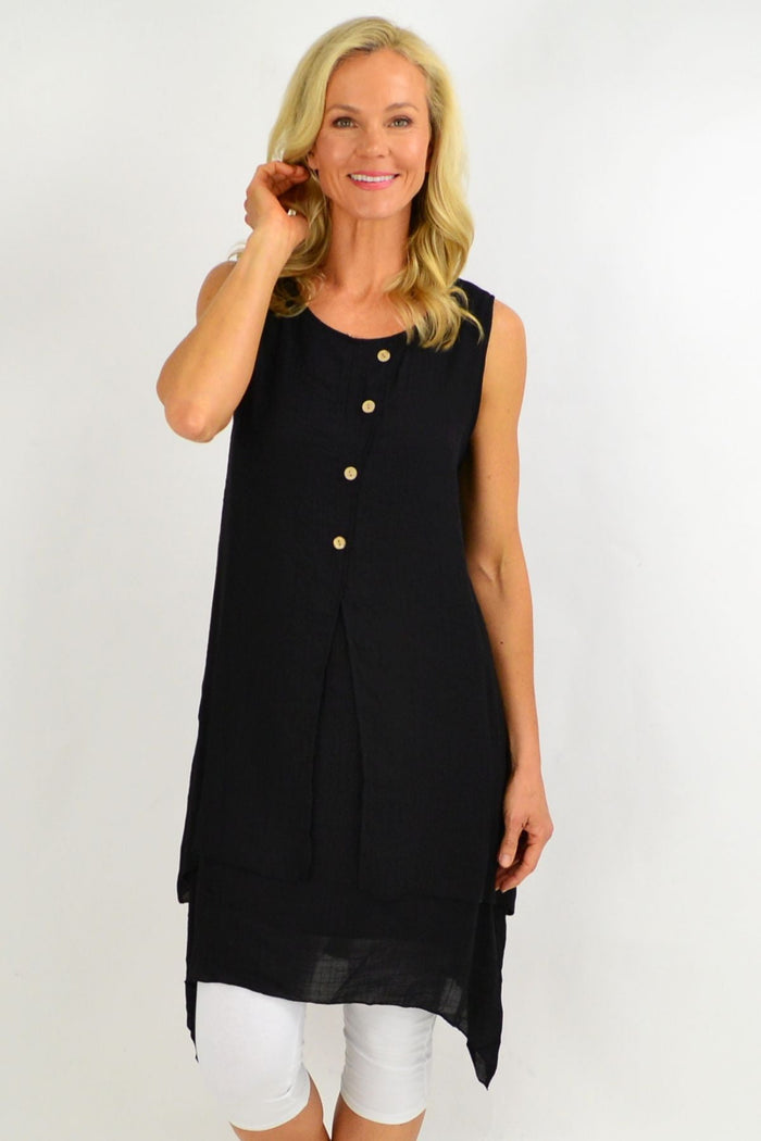 Black sleeveless cotton tunic dress by La Mode featuring button overlay design, perfect for summer wear.