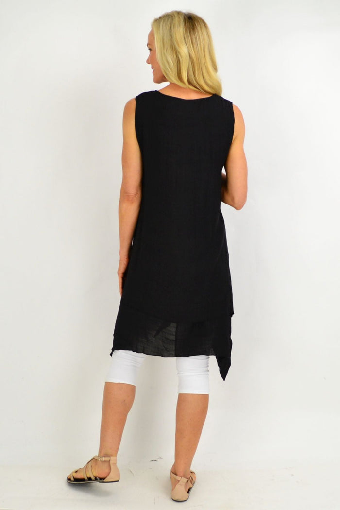 Black sleeveless cotton tunic dress with button overlay from La Mode, perfect for summer wear.