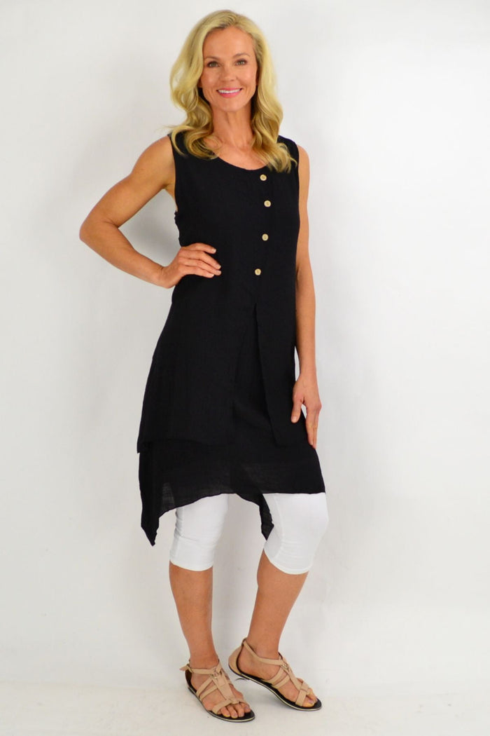 Black sleeveless cotton tunic dress with button overlay from La Mode, perfect for summer casual wear.