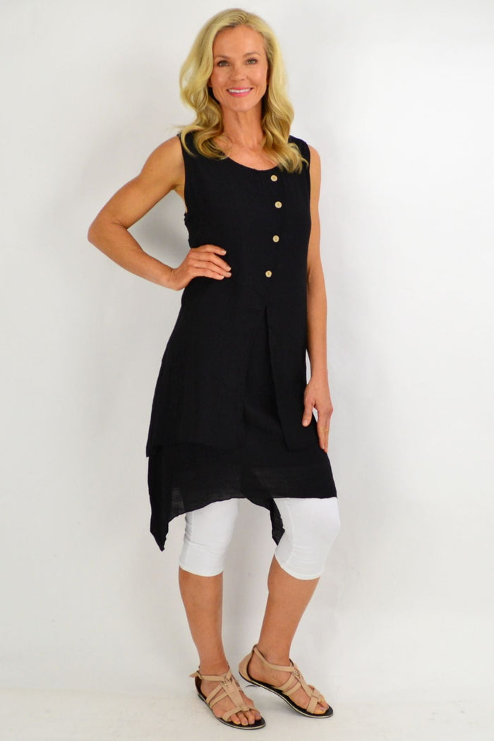 Black sleeveless cotton tunic dress with button overlay from La Mode, perfect for summer casual wear.