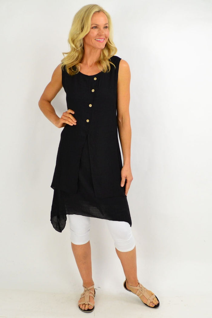 Black sleeveless cotton tunic dress by La Mode with button overlay, perfect for summer casual wear.