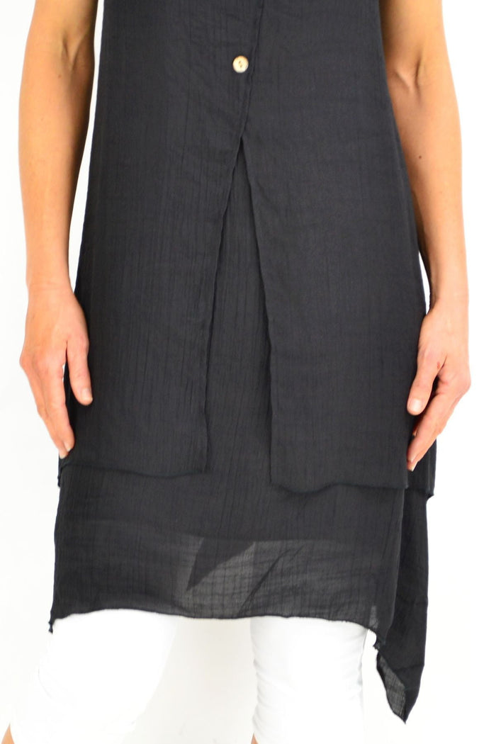 Black sleeveless cotton tunic dress with button overlay from La Mode, perfect for summer casual wear.