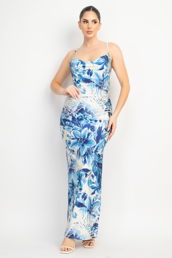Blue Satin Cowl Tropical Slit Dress