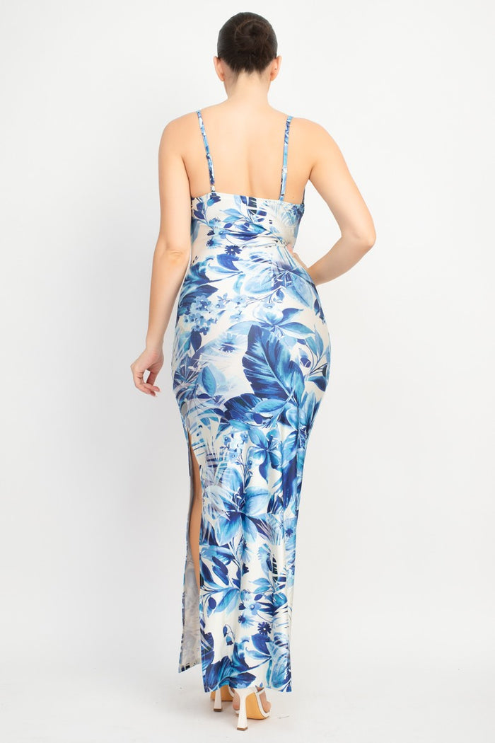 Blue Satin Cowl Tropical Slit Dress