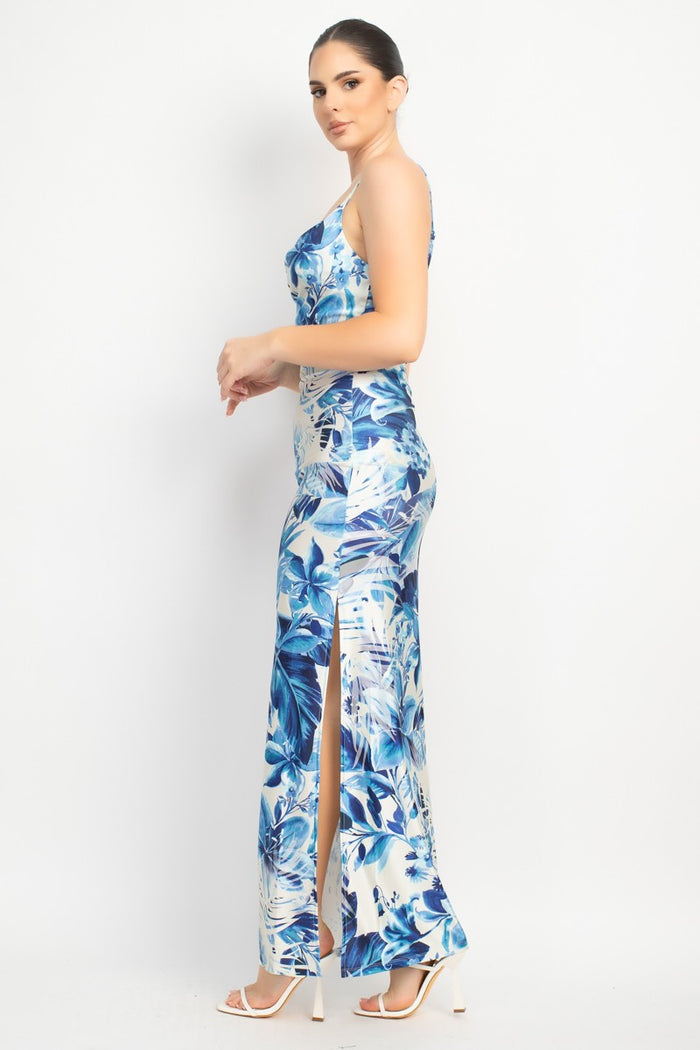 Blue Satin Cowl Tropical Slit Dress