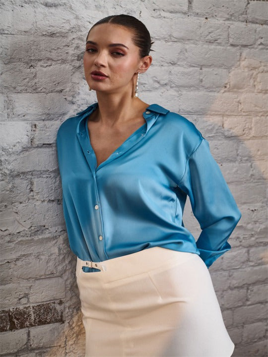 Blue Solid Party Shirt for Women | Spread Collar Long Sleeves