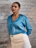 Blue Solid Party Shirt for Women | Spread Collar Long Sleeves