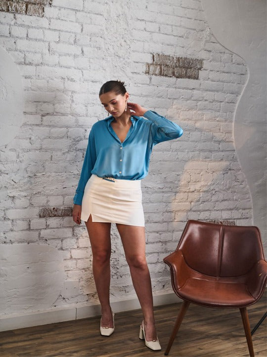 Blue Solid Party Shirt for Women | Spread Collar Long Sleeves