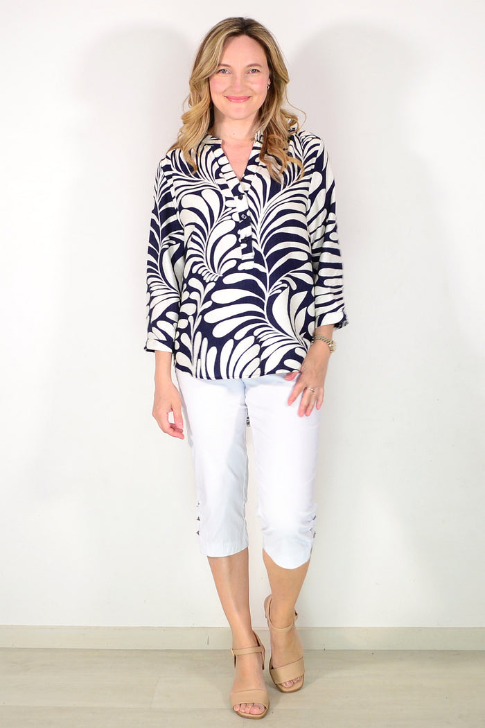 Blue White Petals Print Hi Low Tunic Top