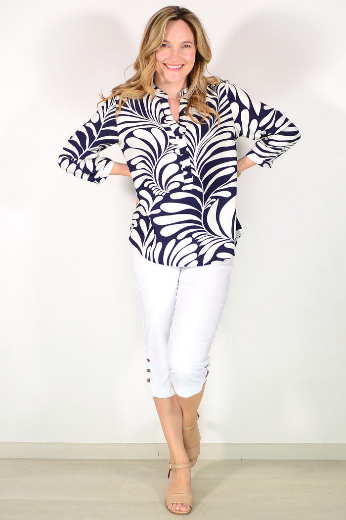 Blue White Petals Print Hi Low Tunic Top