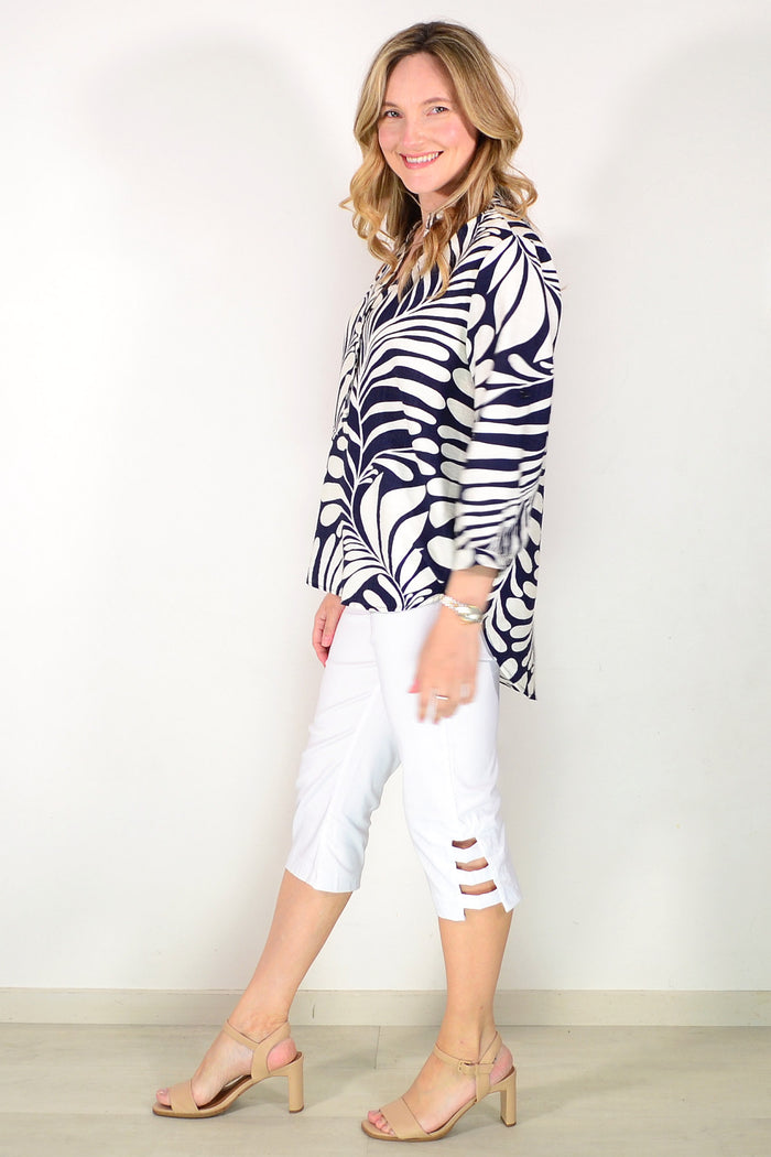 Blue White Petals Print Hi Low Tunic Top
