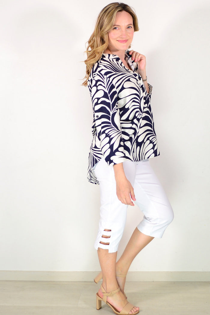 Blue White Petals Print Hi Low Tunic Top