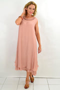 Grecian sleeveless blush tunic dress by La Mode, flowing fabric with draped design, perfect for elegant summer wear.