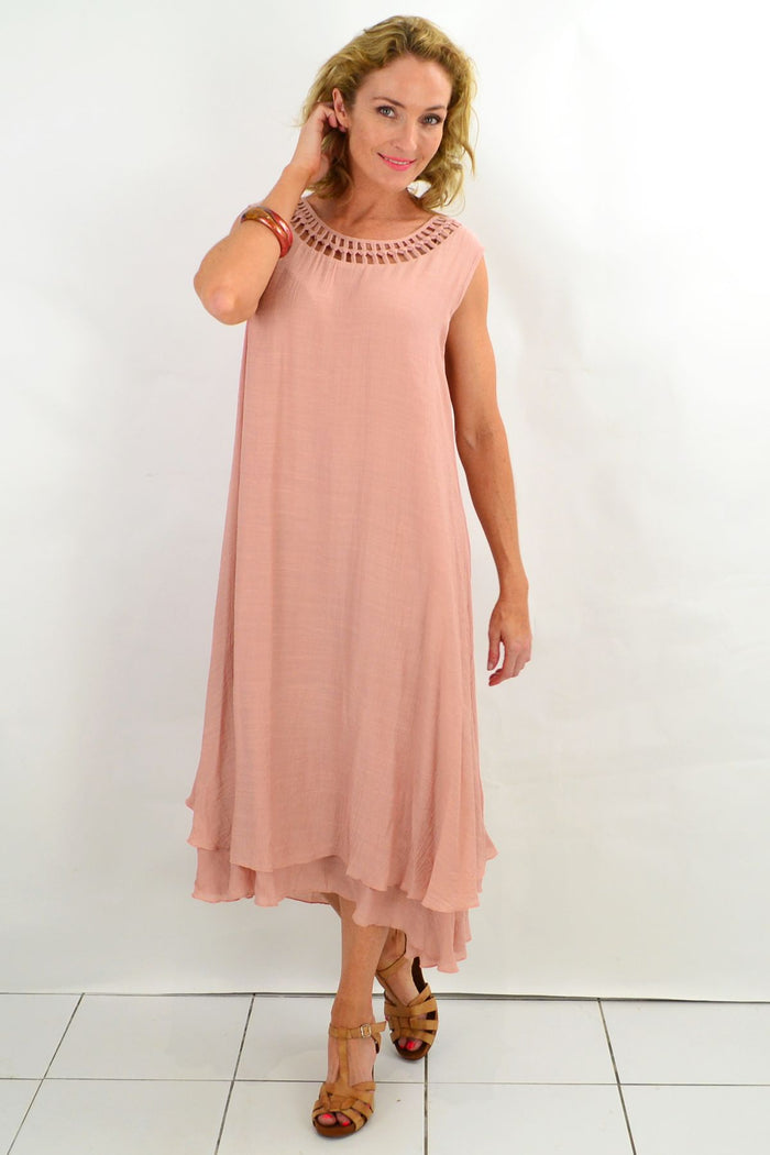 Grecian sleeveless blush tunic dress by La Mode, flowing fabric with draped design, perfect for elegant summer wear.