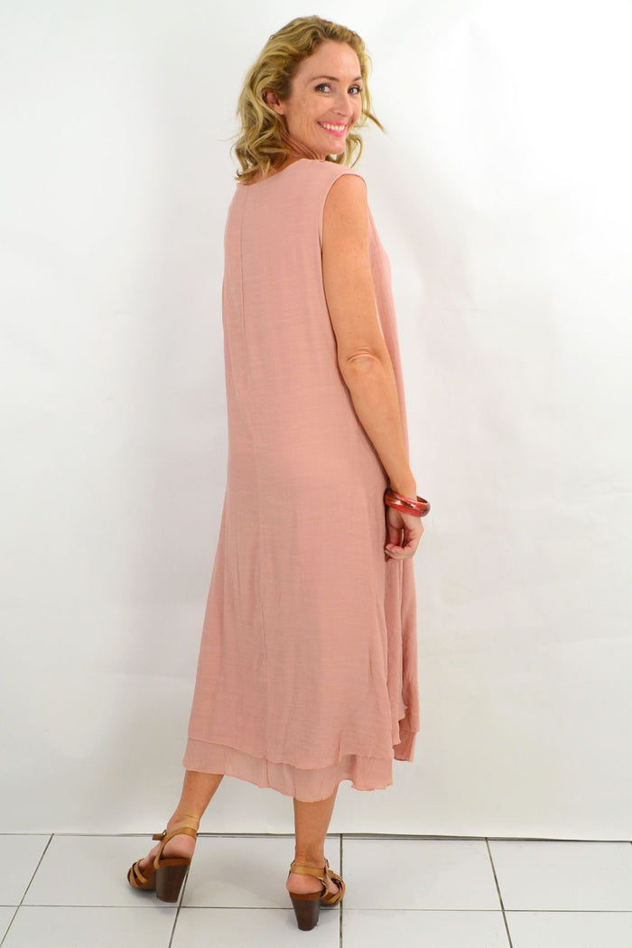 Grecian sleeveless blush tunic dress by La Mode, flowing fabric with empire waist and elegant drape, perfect for summer wear.