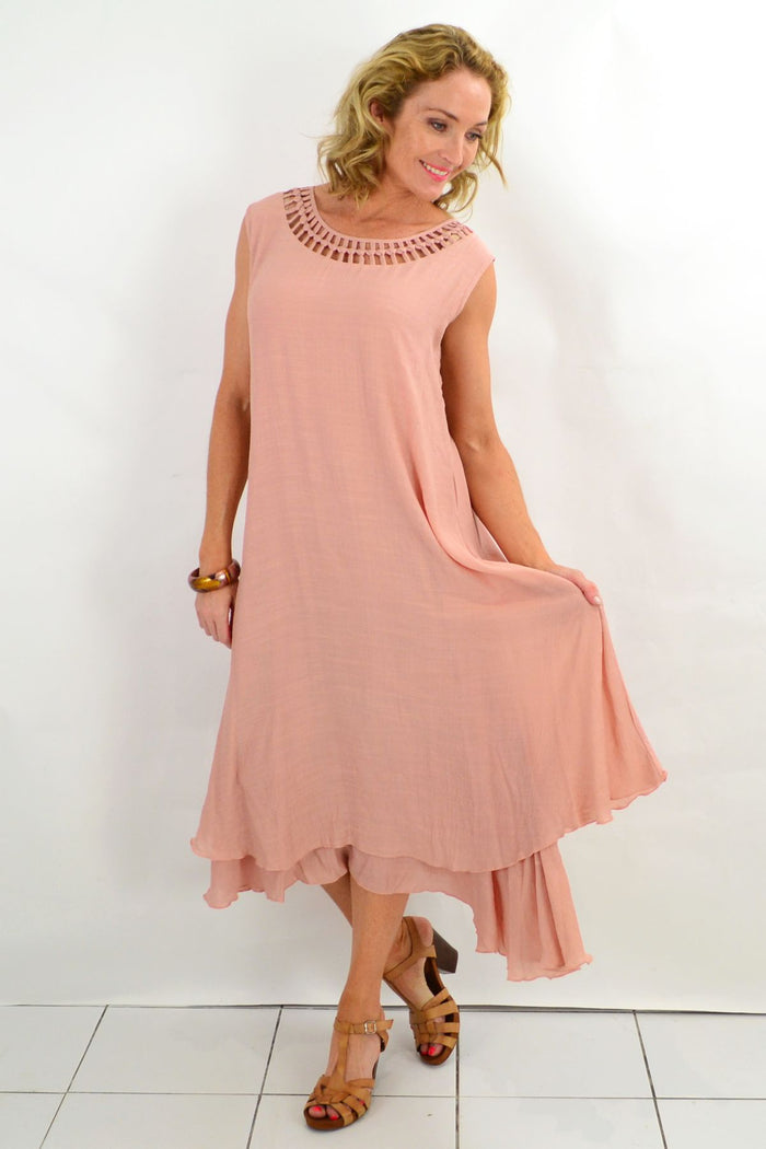 Grecian sleeveless blush tunic dress by La Mode featuring flowing fabric and elegant drape, perfect for warm weather.